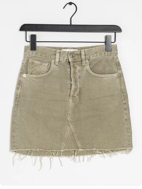 Mango Olive Green Frayed-Hem Denim Mini Skirt